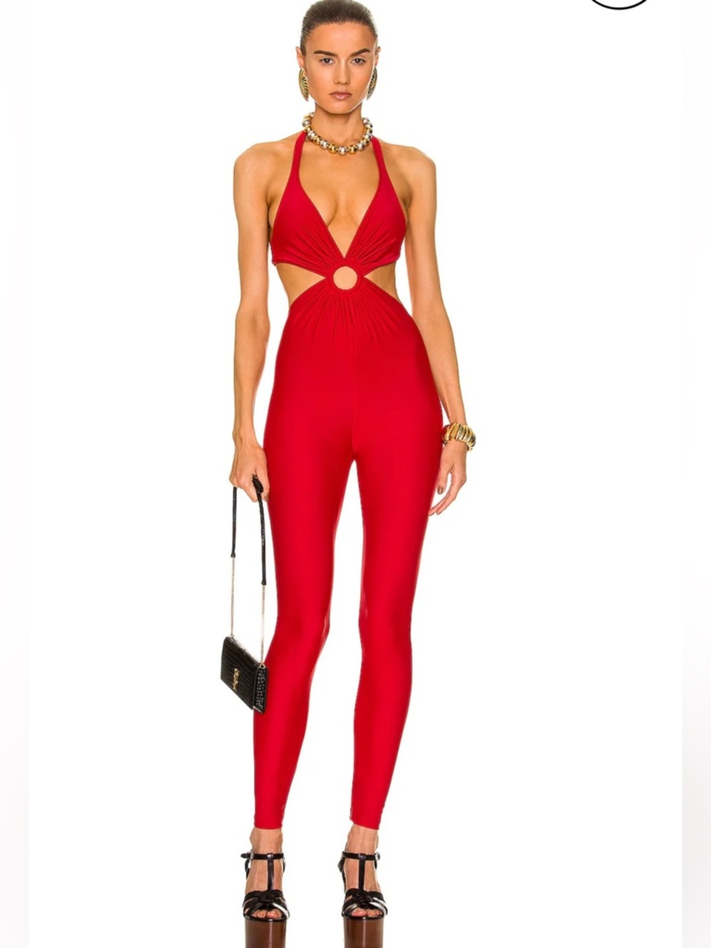 Saint Laurent Red Cutout Halter Ring Jumpsuit